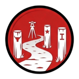 Red circular logo with a winding path through four white pillars, each with different symbols: a bull, a star, unidentified design, and a tripod.