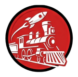 Red circular emblem with a white steam locomotive and a rocket flying upward, symbolizing progress and speed.