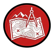Icon of a map with contour lines and a compass over it, set against a red circular background with mountain silhouettes.